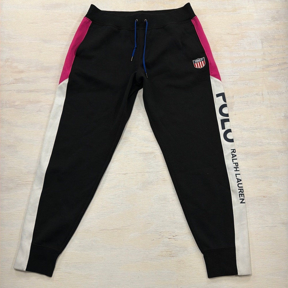 Polo Ralph Lauren Joggers Colorblock Logo Shield Black Pink White Large Mens